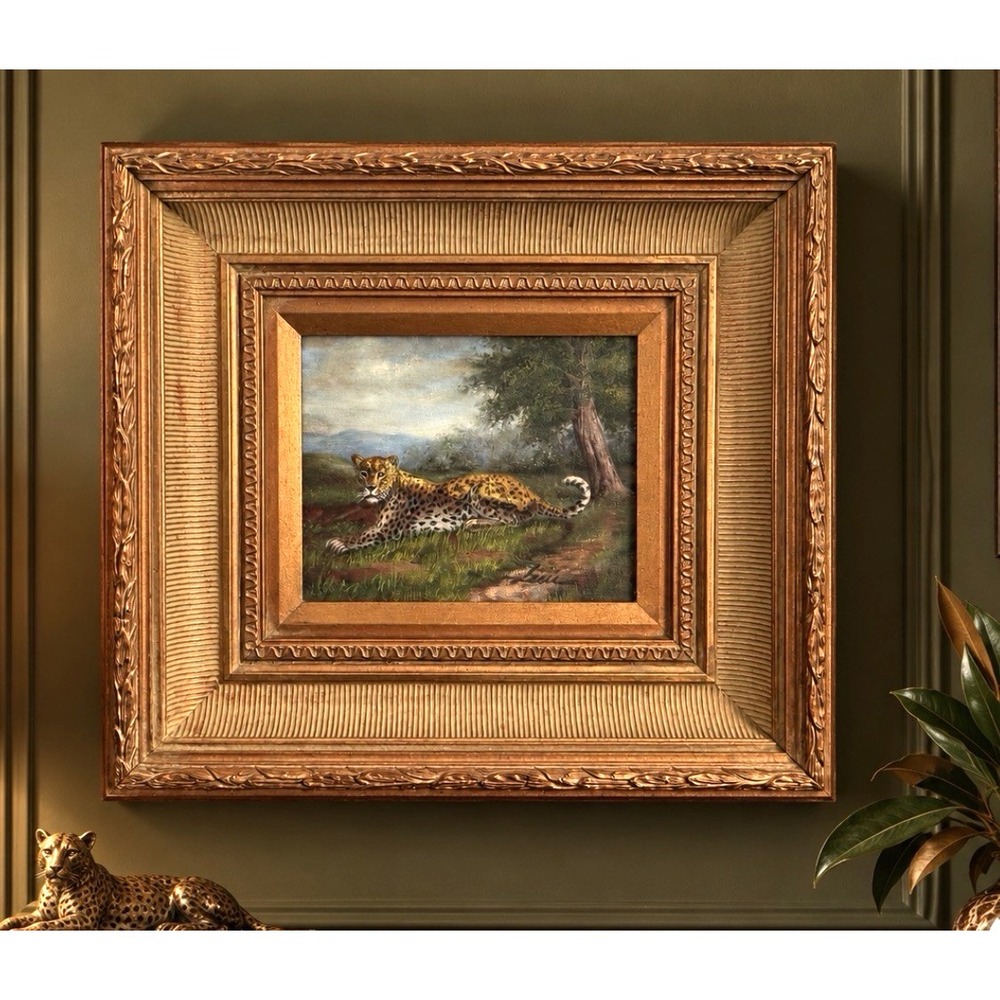 Signed Oil Painting Leopard Safari Ornate Gilt Carved Frame OOAK 18 x 20" Regent
